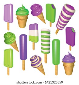 Lime and Blueberry Ice Creams Collection. Set of Ice Creams and Popsicles Isolated on White. Popsicles Cones and Cups in Purple and Green. Low Poly Vector Illustration.