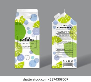 Zumo de limón y arándano. Diseño de empaquetado de plantillas. Frutas transparentes, medias, rodajas y bayas azules.