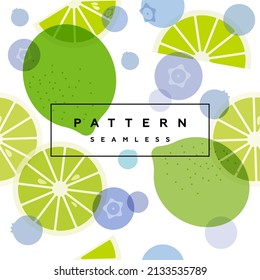 Lime and blueberry seamless pattern. Transparent fruits,  berries and frame with text is on separate layer. 