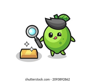 lime character is checking the authenticity of the gold bullion , cute style design for t shirt, sticker, logo element