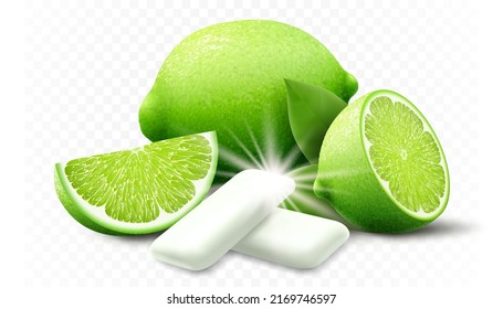 Lime chewing gum. Bubble gum with lime citrus flavor. Chewing pads with fresh ripe lime, oral health product, realistic advertising poster. Isolated 3d vector illustration