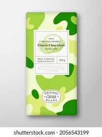 Lime Chocolate Label. Abstract Shapes Vector Packaging Design Layout with Realistic Shadows. Modern Typography, Hand Drawn Citrus Fruit Silhouette and Colorful Camouflage Pattern Background. Isolated.