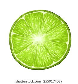 Lime circle slice single object. Organic fruit for juice, cocktails, lemonade, vitamin C healthy food. Vector illustration isolated on white background. 