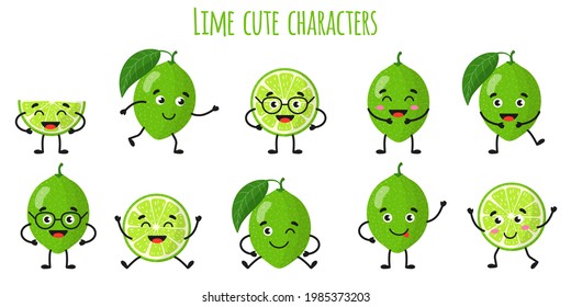 Lime citrus fruit cute funny cheerful characters with different poses and emotions. Natural vitamin antioxidant detox food collection. Vector cartoon isolated illustration. Children concept.