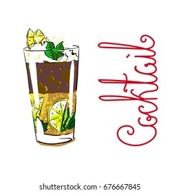 Lime cola cocktail. Hand drawing illustration