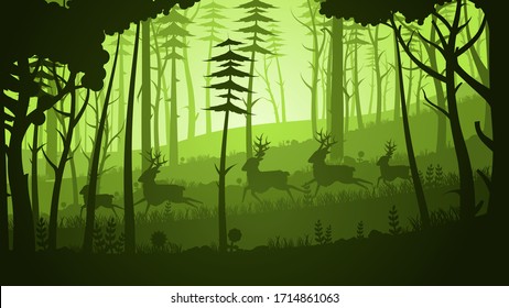 Lime Color Forest Background Vector Silhouette With Deer