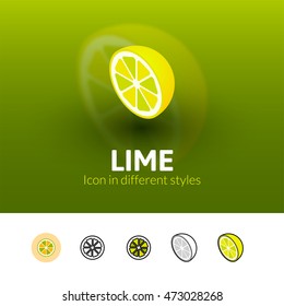 Lime color icon, vector symbol in flat, outline and isometric style isolated on blur background