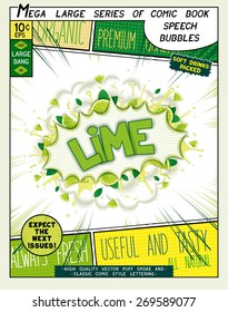 Lime. Colorful explosion with fruit, splashes and clouds of smoke with caption in comic style. 3D realistic pop art speech bubble