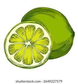 Lime. Colorful sketch collection of citrus fruits isolated on white background. Doodle hand drawn vegetables. Vector illustration