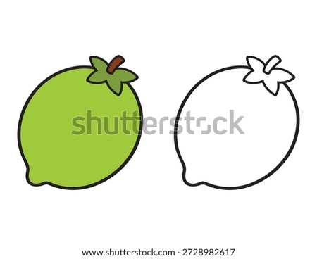 Lime Coloring Page for Kids. Simple cartoon fruit with Colored Example and Outline for toddlers and preschoolers 