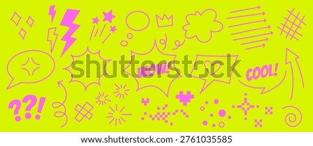 Lime comic doodle elements set with speech bubbles, hearts, stars, lightning. Bold pop art Y2K style cool pink icons with WOW, COOL text. Trendy social media stickers for ads, banners, digital design