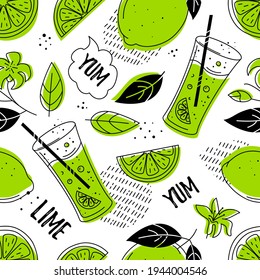 Lime, cool seamless pattern. Doodle style. Vector isolated on a white background.