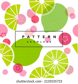 Lime and cranberry or lingonberry seamless pattern. Transparent fruits,  berries and frame with text is on separate layer.