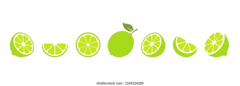 Lime cut slices vector set. Whole, half and slice chopped lime fruit flat collection. Citrus elements group. Illustration isolated on white background.