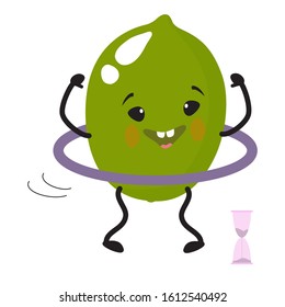 Lime. Cute, attractive, funny character goes in for sports, rotates the hoop. Vector illustration For packaging, brochures, advertising, design, banner, label.