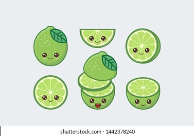 Lime cute kawaii mascot. Set of funny kawaii drawn fruit in the cut