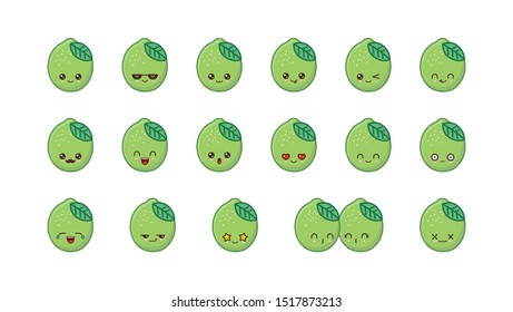 Lime cute kawaii mascot. Set kawaii food faces expressions smile emoticons. 