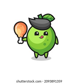 lime cute mascot is eating a fried chicken , cute style design for t shirt, sticker, logo element
