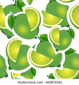 Lime different big sizes sticker white background. Pattern with limes and leaves and slices.