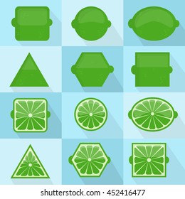 Lime in different geometric shapes. It can be used as icons. Interior and exterior of the fruit. With long shadows.
