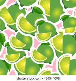 Lime different sizes sticker pink background. Pattern with lime and leaves and slices.