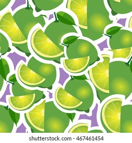 Lime different sizes sticker purple background. Pattern with lime and leaves and slices.