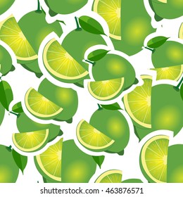 Lime different sizes sticker white background. Pattern with limes and leaves and slices.