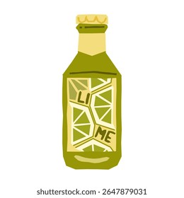 Ilustração de garrafa de bebida de limão. Frasco de limão com segmentos geométricos de cal no rótulo. Estilo plano, verde-oliva e cores amarelas, sobre fundo branco.