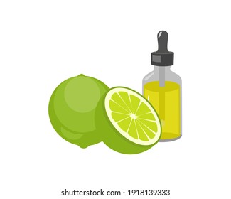 Lime essential oil in glass bottle and fresh green lime fruit isolated on white background. Icon vector illustration.