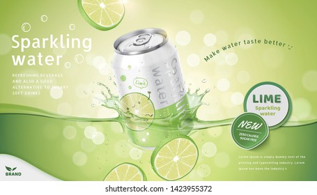 Lime flavor sparkling water ads with product soaking in the liquid on green bokeh background, 3d illustration