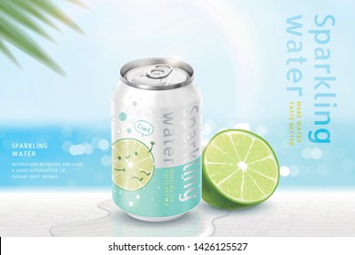 Lime flavor sparkling water ads on bokeh beach background in 3d illustration