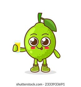 lime Fruit Cartoon Mascot Character Presenting And Holding Up A Glass Of Juice. Cute lime cartoon character holding a glass with juice.