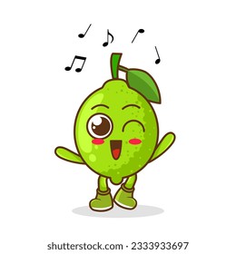 personaje de la mascota de la caricatura de lime Fruit escuchando música. Personajes de dibujos animados de calibre suave bailan música