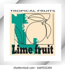 Lime fruit, continuous linear pattern, black outline of the logo with green etched letter L and the inscription. Retro style. Label, stamp design element.