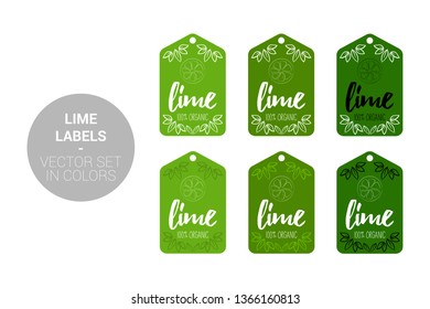 Lime fruit Eco labels vector set in green, dark green colors. Cartoon Advertising hundred percent organic Stickers. Citrus fruit Badges with Hand drawn lime and little leaves ready for web and Print