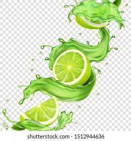 Lime Fruit In Green Juice Splash For Advertising. Vector Mojito Splashing Cocktail Or Citrus Tonic.