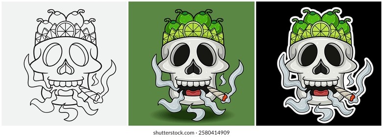 Lime Fruit Inside Skull Head With Smoking Character Cartoon. Black White, Colorful and Sticker Style. For T shirt print, Brand Logo, Label and Mascot product. Vectors Illustrations