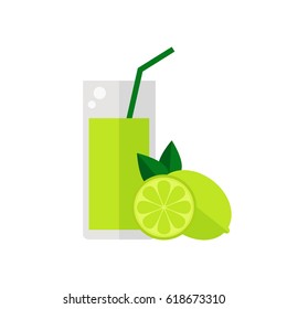 Lime fruit juice isolated icon on white background. Glass of juice with tubule. Flat style vector illustration. 