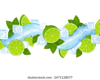 Lime fruit, mint leaves, ice cubes and splash. 3d vector beverage. Explosion with citrus slices