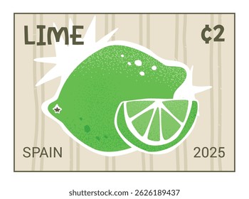 Lime fruit postage stamp template. Vector vintage style design isolated on transparent background. Hand-drawn mail postmark with exotic tropical fruit . Bright and trendy cartoon sticker.