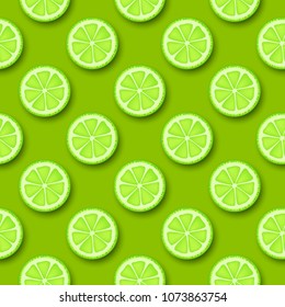Lime fruit seamless pattern. Sliced pieces citrus, green color background. Vector illustration.