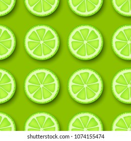 Lime fruit seamless pattern. Sliced pieces citrus, green color background. Vector illustration.