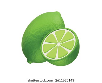 Lime fruit with a slice icon 3d. Lemon icon 3d illustration render