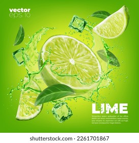Lime fruit slice, leaves and green juice splash. Vector background with 3d water wave, citrus piece, ice cubes and mint foliage flying. Realistic mojito drink, tea, cocktail refreshing beverage swirl