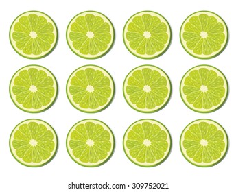 Lime fruit slices on white background
