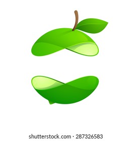 Lime fruit sphere with green leaf logo, volume icon design template element
