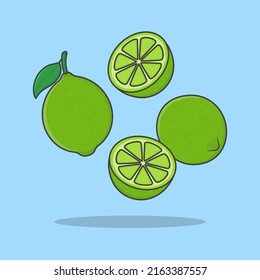 Lime Fruits Cartoon Vector Illustration. Falling Sliced Lime Fruit Flat Icon Outline. Flying Lime Fruits