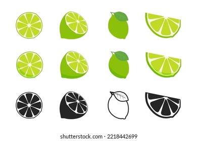 Lime fruits with leaves on a white background.