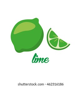 lime fruits poster in cartoon style depicting whole and half of fresh juicy citruses isolated on white background including caption lime. Vector illustration.
