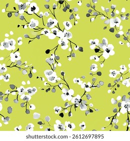 Lime green background with small white flowers and gray leaves, tiny flower seamless pattern vector illustration, doodle summer, kids and baby designs for print fabric.